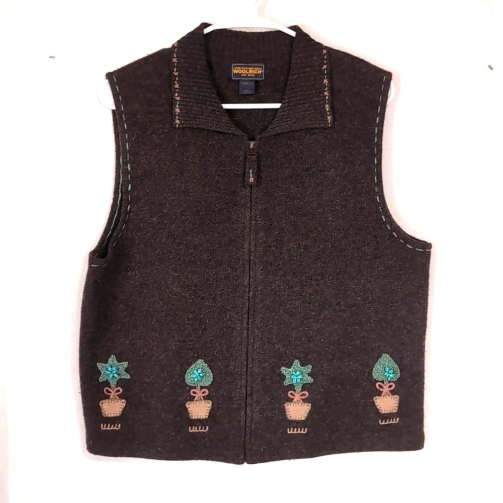 Woolrich Lambswool Brown Full Zip Sweater Vest Floral Beaded Applique Size Large - Picture 1 of 6